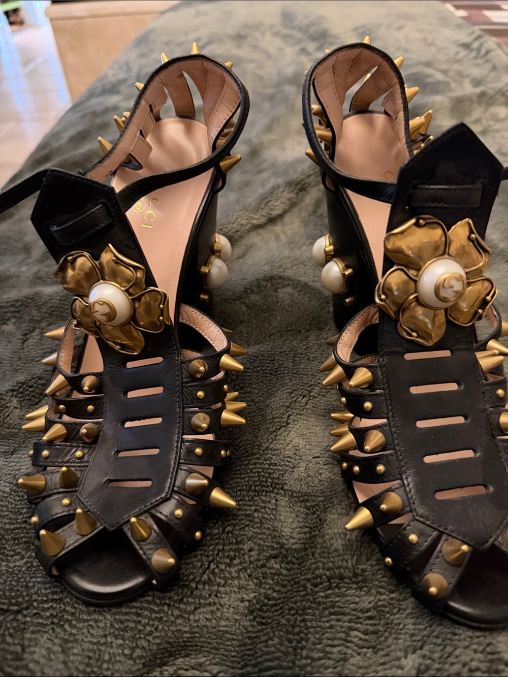Gucci Black Leather Spike Heels with Gold Floral Pearl Detail